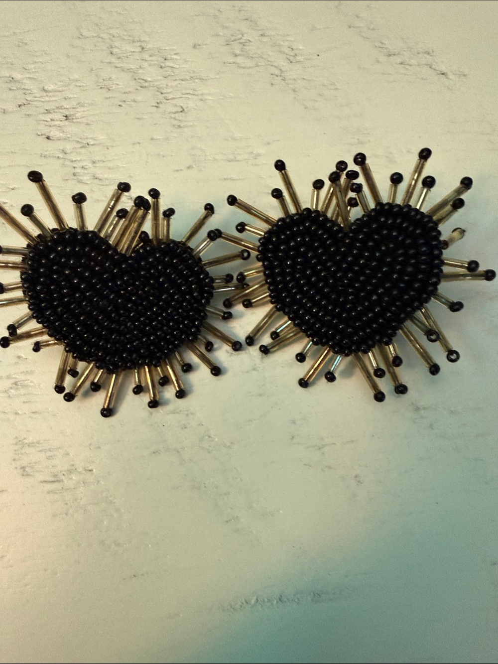 Black Beaded Heart Statement Earrings - Unbranded